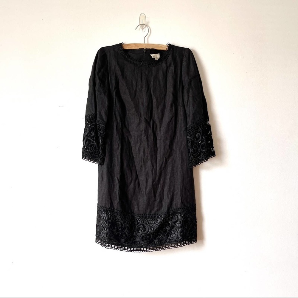 MIGUELINA Black Linen Crochet Sleeve Trim Muño Shift Dress size XS made in usa